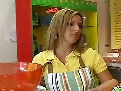 Cute blonde babe giving blowjob at her workplace