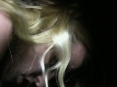 Blonde amateur gets mouthful outdoor at night