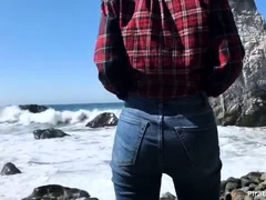 Beautiful teen with big boobs sucks and fucks on the beach