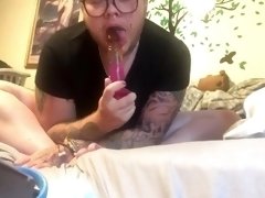Trans man sucks and fucks his dildo