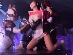 Japanese cutie in costume succumbs to hardcore group sex