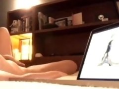 Standing in front of mirror masturbating, watching porn and fucking dildo
