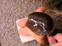 Busty amateur babe gets her hair sprayed with cum outside