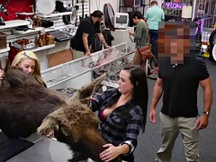 Pawnshop busty slut fucked in FFM threesome after sucking cock